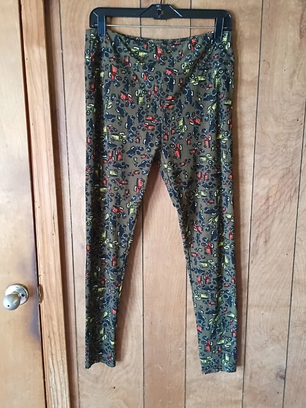 LuLaRoe Tall & Curvy Leggings Olive Green Truck Print Polyester Spandex One Siz